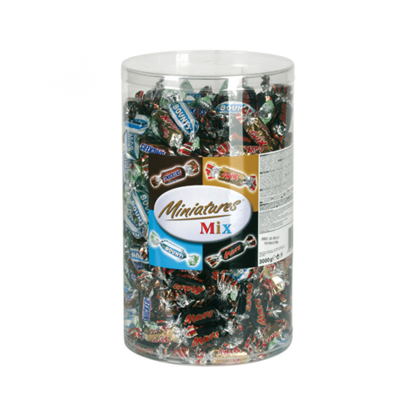 Miniatures Mix (Mars, Bounty, Twix, Snickers), ca. 296 Stück EINZELVERPACKT, Klarsichtdose